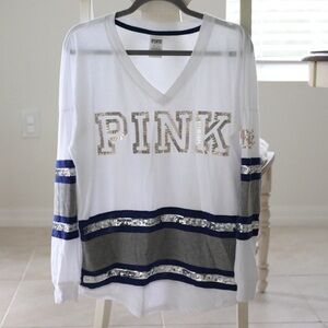RARE Victoria's Secret PINK Graphic Sequin Varsity V Crew Long Sleeve Shirt